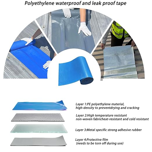 Waterproof Polyethylene Sealant Tape – 19.6in x 196in, -76°F to 230°F, Self-Adhesive UV-Resistant for Roof, Pipe, & Tent Leak Repair – No Tools, DIY Cut (Silver, 19.6in*196in)