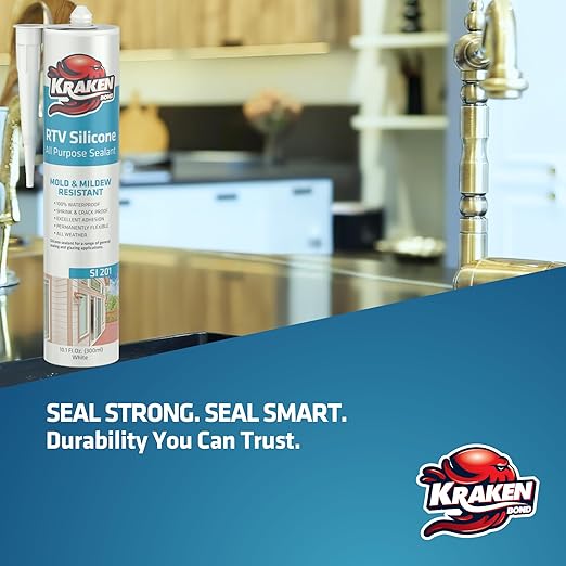 Kraken Bond Brown Silicone Sealant Waterproof% 100-10 fl oz Cartridge - RTV Silicone Caulk Kitchen and Bathroom, All Purpose, Window Caulking Sealant Outdoor, RV, Exterior Use Silicon - 48 Pack