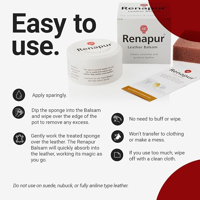 Renapur Leather Balm - Natural Leather Conditioner & Restorer - Non-Sticky Waterproofing Protector for Couches, Car Seats, Boots, and Bags - 4.23 Fl Oz (125ml)