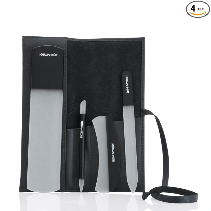 4pcs Manicure Set Genuine Czech Crystal Black Glass Nail File Moon File Manicure Stick Pedicure Foot Care Bar in Black Leather by GERmanikure