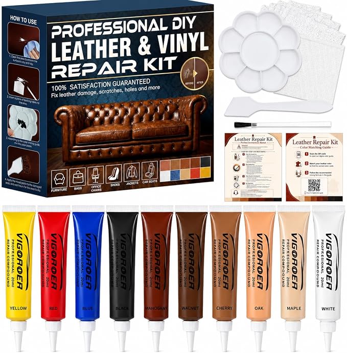 Vigorder Leather Repair Kit for Furniture, Vinyl Repair Kit for Car Interior, Sofa, Purse and Jacket, Restore Any Material with Super Easy Instructions to Fix Scratches, Tears, Holes, Peeling
