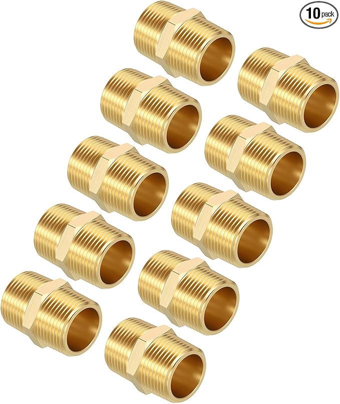 Packs of 10, 3/4" Male NPT to 3/4" Male NPT Solid Brass Hex Nipple Hose Connectors, Male Pipe Adapter for Pipe Leak Repair, Bathroom Remodeling, Tool Extensions, Compression
