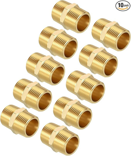 Packs of 10, 3/4" Male NPT to 3/4" Male NPT Solid Brass Hex Nipple Hose Connectors, Male Pipe Adapter for Pipe Leak Repair, Bathroom Remodeling, Tool Extensions, Compression