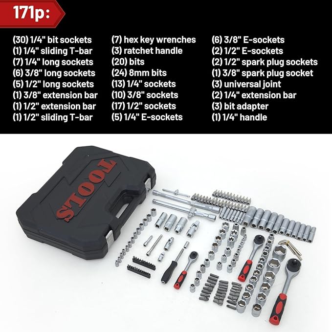 171 Pieces Socket Set, 1/4 and 3/8 Inch Drive Mechanic Tool Set, Motorcycle Tool Kit with Ratchet Handle, Universal Joint, Extension Bar, Home Auto Repair Set (171p)