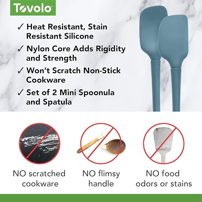 Tovolo Flex Core Mini Silicone Spatula Spoonula Set of 2 for Cast Iron Non Stick Cooking & Baking, Dishwasher Safe Spatula & Spoonula All Silicone Heat Resistant BPA Free Kitchen Utensil, Blue Slate