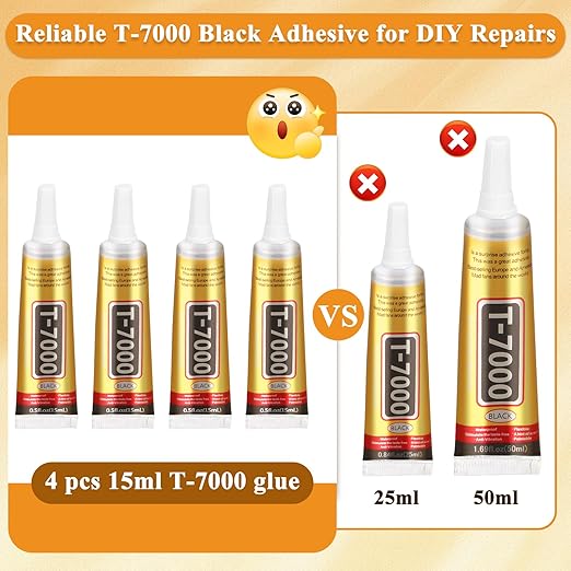 T-7000 Black Glue Adhesive, 4 x 15ML T7000 Adhesive Glue with Tweezers Precision Repairs Glue for Cell Phone Screen Electronics DIY Jewelry Making Crafts