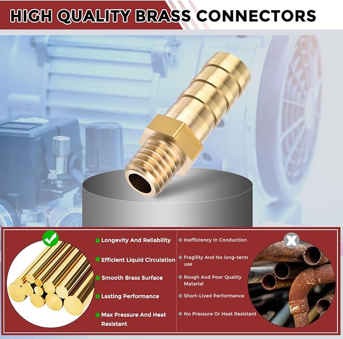 Pack of 3 Brass Hose Barb Fittings Adapter Connector 8mm Hose Barb to M8x1.25 Male Fittings for Home Machines, Massage Bathtubs, and Irrigation Systems