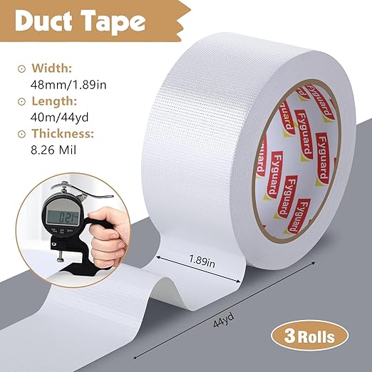 3 Pack White Duct Tape 1.89In × 132Yd Total Heavy Duty Waterproof Tape, 8.26Mil Adhesive Repair Duct Tape for Indoor Outdoor Repair Fixation Reinforcement