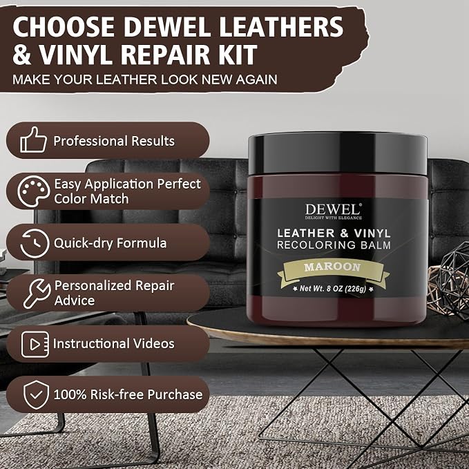 DEWEL Leather Recoloring Balm, Maroon Leather Color Restorer for Scratched and Faded, Leather Scratch Remover, Upgrade Leather Repair Kit for Restore Couches, Car Seats, Shoes, Boots
