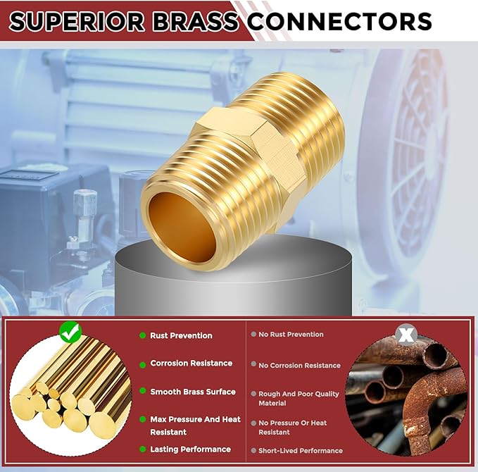 Pack of 2, 3/8" NPT Male to 3/8" NPT Male Solid Brass Hex Nipple Hose Connectors, Male Pipe Adapter for Pipe Leak Repair, Bathroom Remodeling, Tool Extensions, Compression