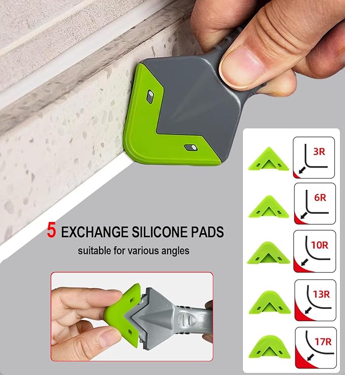 Silicone Caulking Tool Kit, 5 in 1 Sealant Finishing Tool with Stainless Steel Head, Putty Knife, 3 Glass Glue Corner Scrapers, Grout Removal Tool for Kitchen Bathroom Floor Window