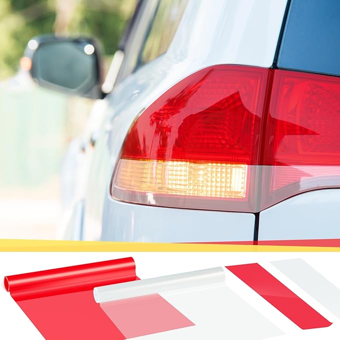 Patelai 2 Rolls 3.94 ft X 11.81 Inches Self Adhesive Repair Light Tape Auto Tail Light Tape Fog Lights Tint Tape Headlight Lens Tape (Red, Clear)