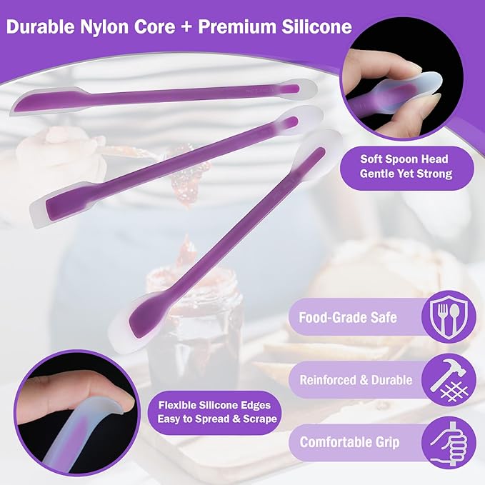 Long Handle Jar Scraper & Dual-Ended Silicone Spatula Spoon Set of 3 – Peanut Butter Spatula with Measuring Scale (1 Tbsp, 1 Tsp, 1/2 Tsp) for Deep Jars, Jam, Mayo, Blender Cups (purple)