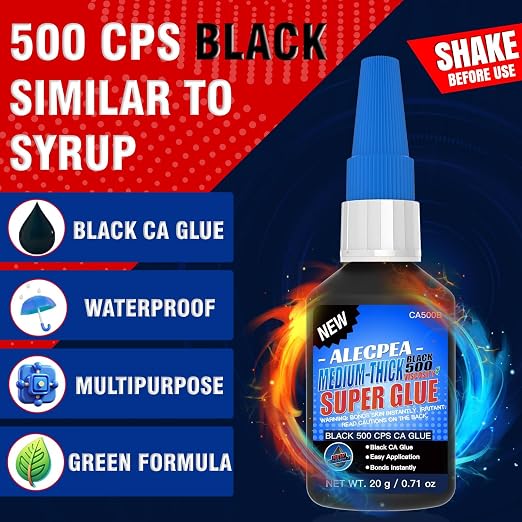 20g Black Medium-Thick CA Glue (500 CPS),Premium Cyanoacrylate Super Glue for Wood, Glass, Metal, Paper, Leather, Plastic, Ceramic, Rubber, Jewelry, Woodworking, Hobby Models, and Craft Project