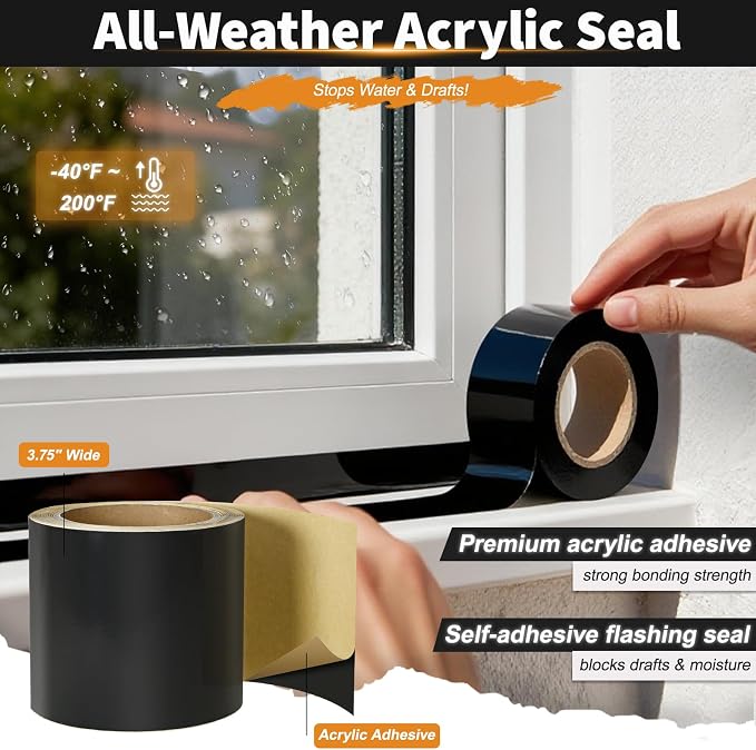 Flashing Tape for Windows and Doors, 3.75 in x 30 ft Roll, Acrylic Adhesive, Black Self-Adhesive Flashing Tape, Waterproof, UV Resistant, Great for Sealing Doors, Windows, and Construction & Repairs