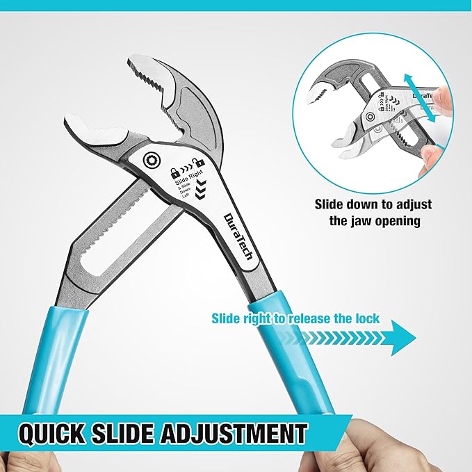 DURATECH 12-Inch Water Pump Pliers, Quick-Adjust Groove Joint Pliers, Tongue and Groove Plier with Slide-to-Unlock Mechanism, V-Jaw Design, CR-V Steel, for Plumbing, Automotive and Household Repairs