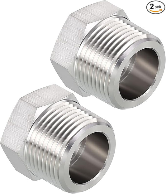 Pack of 2, 1" Male NPT to 3/4" FeMale NPT Solid 304 Stainless Steel Hex Bushing, Hose Fittings Adapter Reducer for Pipe Leak Repair, Bathroom Remodeling, Tool Extensions
