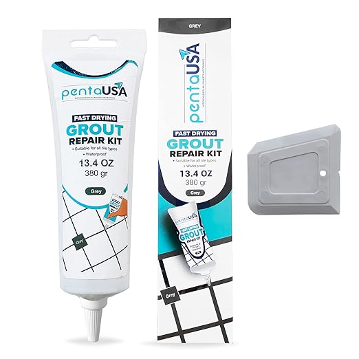 PentaUSA Tile Grout Repair Kit - Gray Premixed Acrylic Sanded Grout, Water-Resistant Grout Filler for Bathroom&Shower, Kitchen Floor, Fast Drying, with Applicator, 13.4 oz (380g)