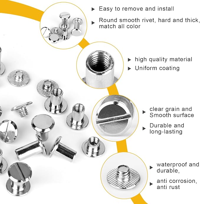 120sets Chicago Screws Kit, 6 Sizes Screw Rivets Silver Chicago Binding Screws for DIY Repair Leather Craft Belt Bag Shoes Purse Bookbinding (M5*4,5,6,8,10,12) (Silver)