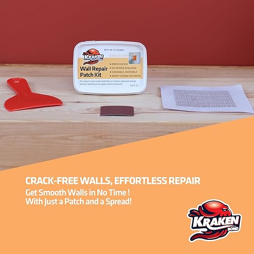 Kraken Bond Drywall Patch Repair Kit - (1x8 fl.oz.) Easy to Use Wall Patch Repair Kit for Drywall Hole & Cracks, Includes Aluminum Self-Adhesive Patch, Grit Sandpaper, Plastic Putty Knife, 1 Pack