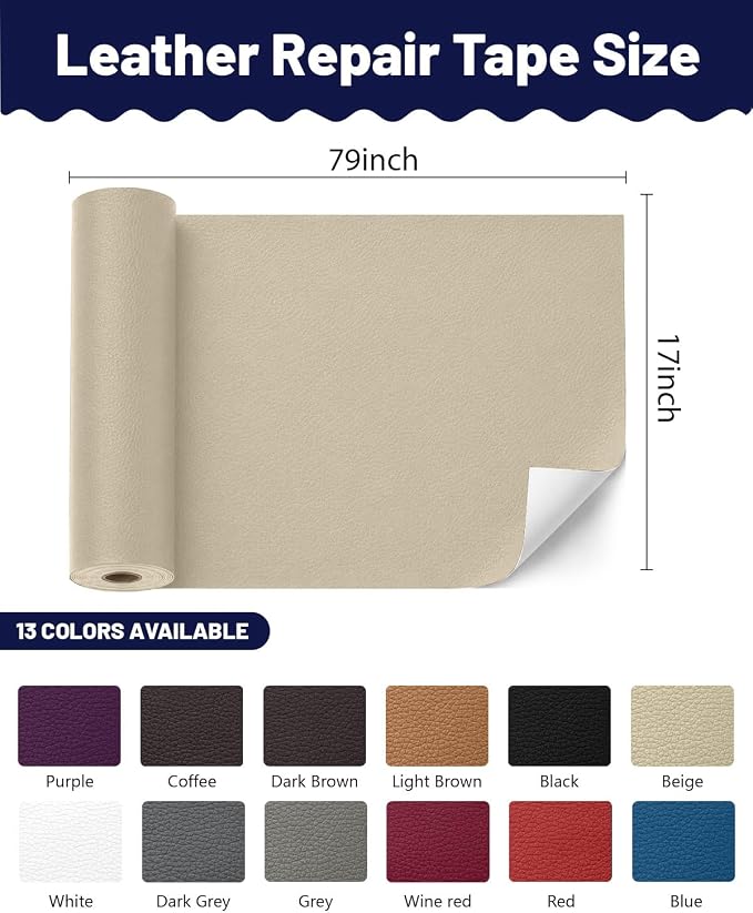 BOUYEER Leather Repair Patch Tape Kit,Self Adhesive Leather Repair for Sofa，Car Seat,Office Chair,Furniture,Jacket,Waterproof Strong Adhesive Vinyl Repair Kit. 17 in x 79 in,Light Beige