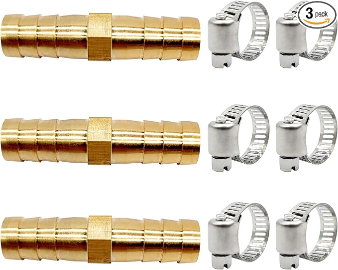 BlingKingdom 3pcs 3/8"(10mm) Hose Repair Kit Hose Connector Barb Splicer Mender Hose Brass Barb Fitting Watertight Straight Hose Barb Connector with 6pcs Stainless Steel Pipe Clamp for Water/Fuel/Air