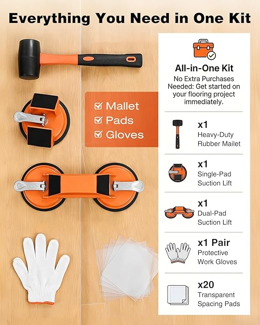 Saker Floor Gap Fixer Tool Kit with Mallet, 20PCS Washable Pads & Gloves, Suction Cup Tool for Laminate Floor Gap Repair, Vinyl Plank & Wood Floors (2 Type Suction Cups+Rubber Mallet)