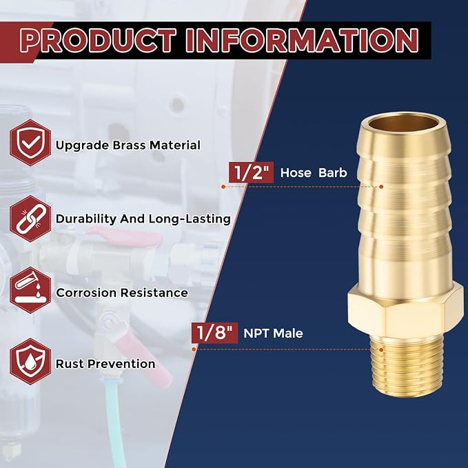 Pack of 2 Brass Hose Barb Fittings Adapter Connector 1/2" Hose Barb to 1/8" NPT Male Fittings for Home Machines, Massage Bathtubs, and Irrigation Systems