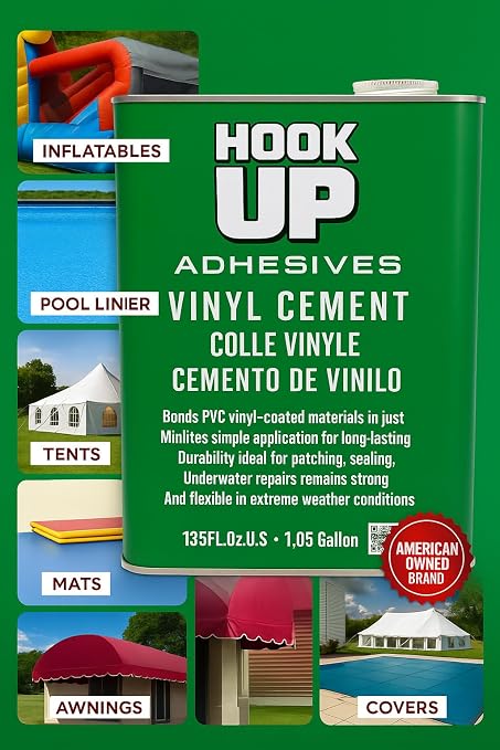 HOOK UP Vinyl Cement – Waterproof Pool Liner Repair Glue for Vinyl & PVC, Fast-Drying Flexible Contact Cement for Inflatables, Air Mattresses, Boats, Tarps, Hot Tubs & Pool Patch Repairs (1 Gallon)