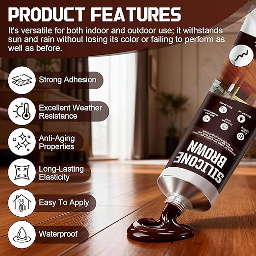 Brown Caulk, Brown Silicone Caulk, Browns Caulking with Nozzle and Scraper Strong Adhesion Flexibility Indoor Waterproof Widely Applicable for Doors Windows Kitchens Bathrooms, 3.33 oz