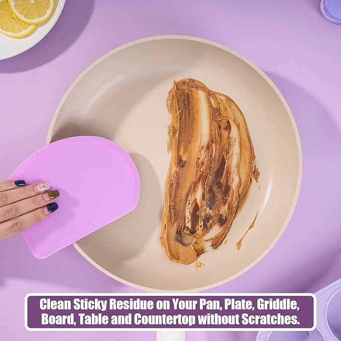 Silicone Dough Scraper with Stainless Steel Sheet, Curved Edge Flexible Bowl Scraper for Baking, Food Grade Silicone Bench Scraper for Sourdough Bread Proofing Basket, Set of 2, Gray & Purple, SAPID