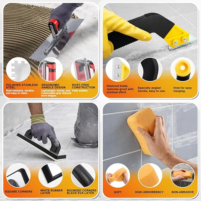 23 Pcs Tile & Grout Tool Sets, Silicone Caulking Remover Tools Stainless Steel Notch Trowel Molded Rubber Grout Float 6 Sponge Angled Tile Saw with 3 Blades for Floor Wall Installation