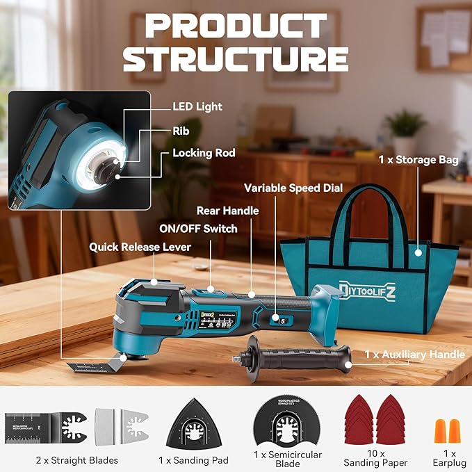 Cordless Oscillating Tool Compatible with Makita 18V Battery(Tool Only), 21,000 OPM Brushless 18V Oscillating Multi-tool with 6 Speed, LED Light, DIYtoolifz 4.5° Oscillating Tool for Cutting