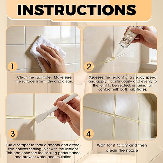 Beige Caulk, Silicone Caulk for Bathroom Shower Kitchen Tile Floor Sealing, Waterproof, Stronger Adhesion, Shrink & Crack Proof, with A Scraper for Applying Evenly, 100g