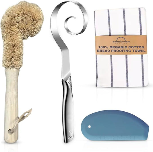 Sourdough Essential Baking Tools Set — Premium Organic Cotton Proofing Tea Towel, Seamless Danish Dough Whisk, Blue Silicone Scraper & Wood Brush (Complete Sourdough Baking & Proofing Kit)