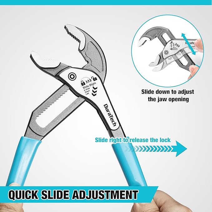 DURATECH 2-Piece Water Pump Pliers Set(8" & 10"), Quick-Adjust Groove Joint Pliers with Slide-to-Unlock Mechanism, V-Jaw Design, CR-V Steel, for Plumbing, Automotive, and Household Repairs