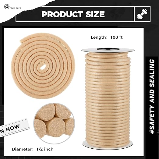 MotiMind 1/2 Inch x 100 ft Foam Backer Rod for Gaps Joints Concrete Crack Filler Caulk Saver Bulk Foam Backing Rod Concrete Filler Rope for Weather Stripping Door Seal (Sandy)