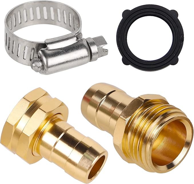 Biswing Garden Hose Repair Connector with Clamps, 5/8" Barb x 3/4" GHT Thread Aluminum Water Hose Pipe Repair Kit, Female and Male Hose Connectors with Stainless Steel Clamp, 2 Pack