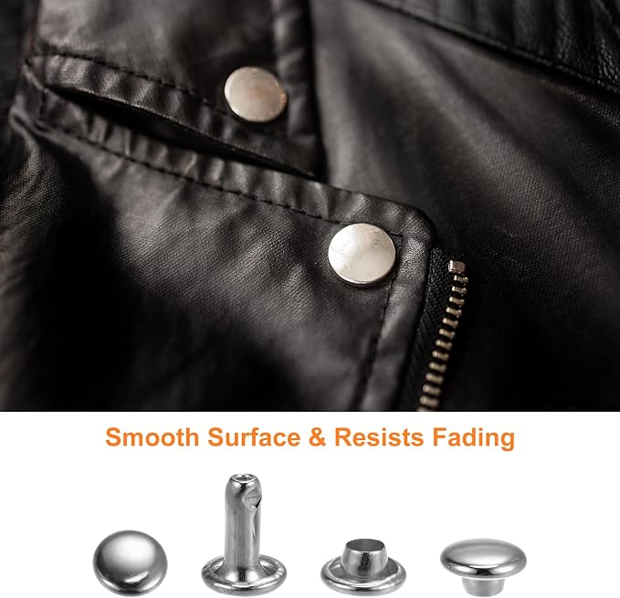 HARFINGTON 100 Sets Leather Rivets 10 x 7mm Metal Double Cap Rivet Snaps Studs Fasteners with 3pcs Setting Tools Rivets for Leather Craft DIY Repair Decoration, Silver Tone