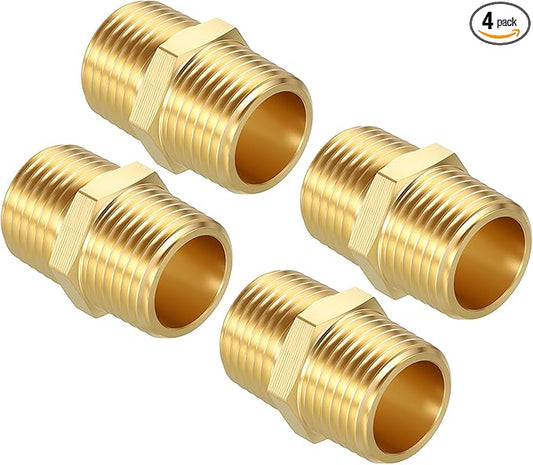 Pack of 4, 1/2" Male NPT to 1/2" Male NPT Solid Brass Hex Nipple Hose Connectors, Male Pipe Adapter for Pipe Leak Repair, Bathroom Remodeling, Tool Extensions, Compression