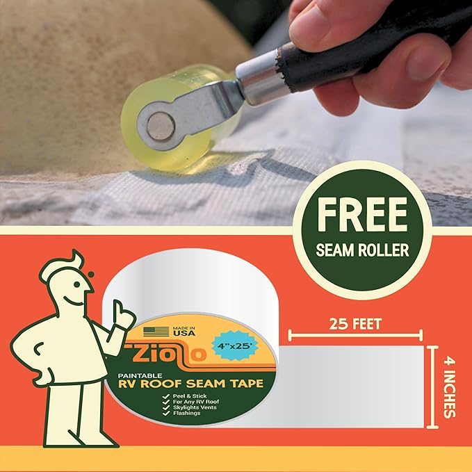 Ziollo Paintable RV Roof Seam Tape with Roller - 4" x25' Leak Repair Tape for EPDM, TPO & Fiberglass - Compatible with All Silicone & Acrylic Roof Coatings