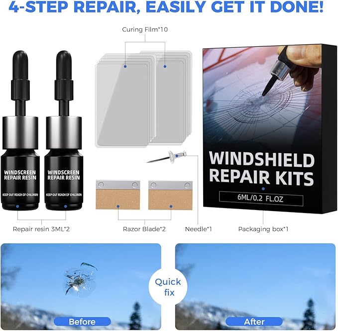 Car Windshield Chip Repair Kit, Windshield Repair Kit Nano Glass Crack Repair, Auto Glass Crack Chip Quick Fix Tools, Bulls-Eye and Star-Shaped Crack,2 Bottles
