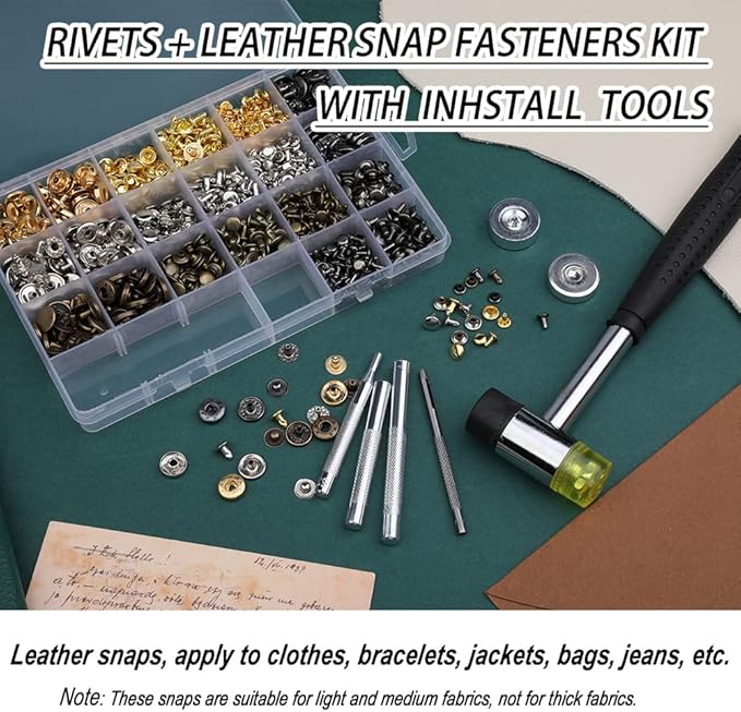 Yizzvb 320 Pcs Leather Rivets Kit, 60 Pcs Leather Snap Fasteners, 2 Size Double Cap Rivets Tubular, Double-Sided Nylon Hammer Fixing Tool Kit, Installation Tools for DIY Projects, Shoes and Repair