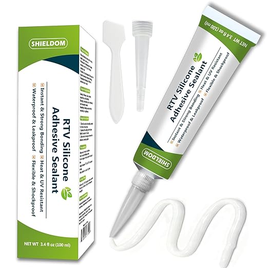 SHIELDOM RTV Silicone Adhesive Sealant 100% Silicone Sealer All-Purpose Caulk Waterproof Stronger Adhesion, Shrink & Crack Proof Caulking for Car, Kitchen, Window, Bathroom, Door (White, 3.4 Fl. Oz.)