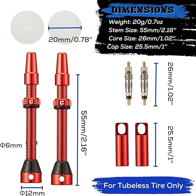 Corki Cycles Tubeless Presta Valve Stem 40 44 55 60 80 100mm with 2PCS Valve Core and 2PCS Remover Tool (Black Red Gold Rainbow)