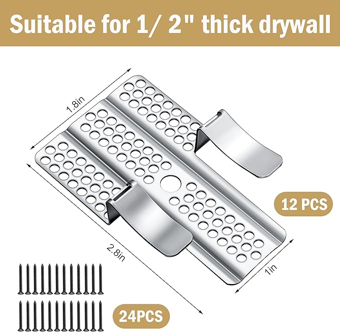 moonoom 12 Pack Drywall Repair Clips, 1/2 inch Drywall Fastener Clip with 24 Screws, Stainless Steel Wall Patch Clips for Damaged Walls Repairing