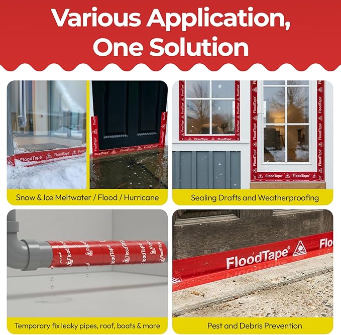 FloodTape® Waterproof Adhesive Tape – 8 inches Extra Wide x 20 feet Long Roll - Temporary Flood and Snow/Ice Water Barrier for Doors & Windows – Double-Sided, No Residue, No Damage, Easy Installation