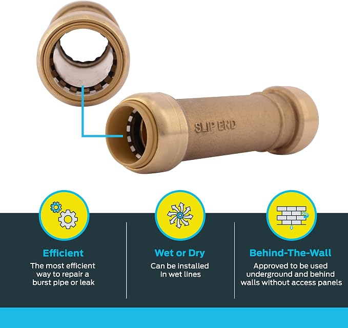 SharkBite 3/4 Inch Slip Coupling, Push to Connect Brass Plumbing Fitting, PEX Pipe, Copper, CPVC, PE-RT, HDPE, U3016LFA