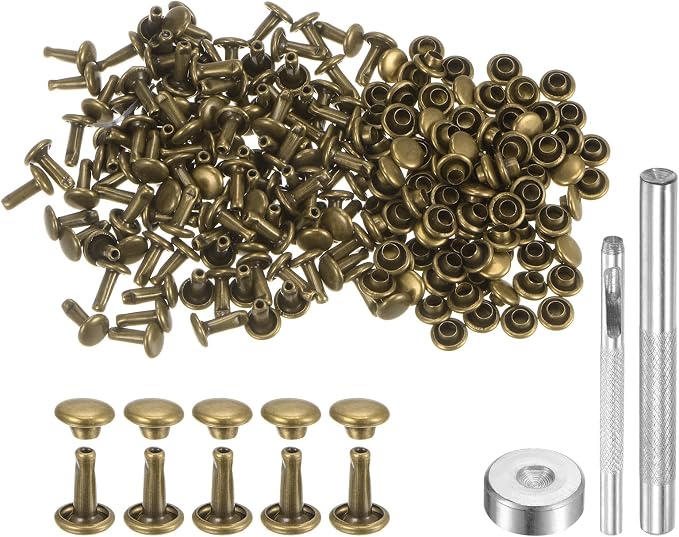 HARFINGTON 100 Sets Leather Rivets 8 x 6mm Metal Double Cap Rivet Snaps Studs Fasteners with 3pcs Setting Tools Rivets for Leather Craft DIY Repair Decoration, Bronze
