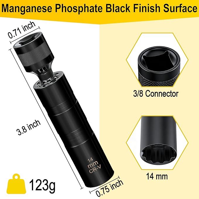 14mm Spark Plug Socket, Thin Wall 3/8" Drive Spark Plug Sockets Removal Tool, 12 Point, Magnetic Swivel 9/16" Spark Plugs Socket for Most Car Models (Black)